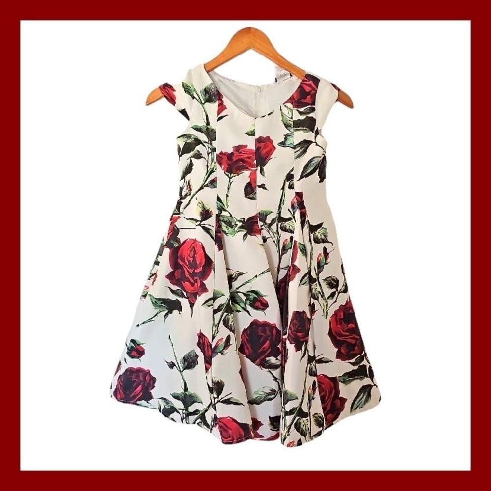 CHASING FIREFLIES Rose Print Satin Lined Dress Size 8 Girls White Red